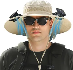 Ultralight Wide Brim Solar Fan Hat, Wide Brim Solar Fan Outdoor Fishing Hat with 2 Fans Solar Power -Solar & USB Charging