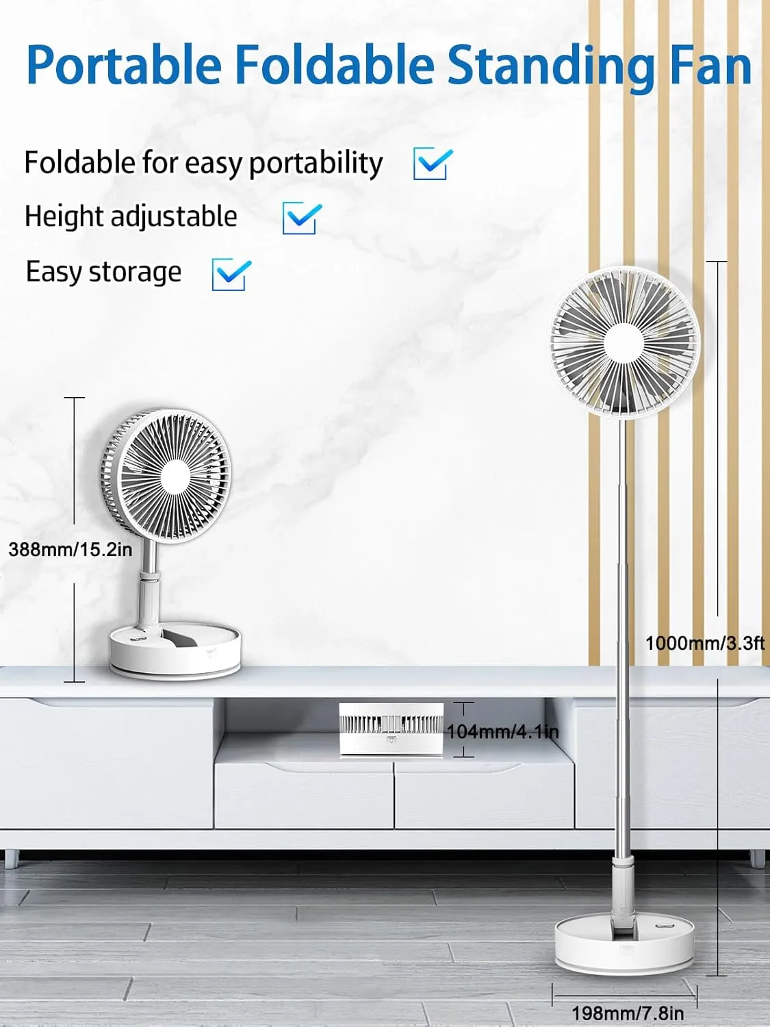 UN UNITEDTIME Oscillating Fan with Remote Control, 7200mAh Rechargeable Battery Operated Travel for Camping, 4 Speed, Timer, Height Adjustment Portable Foldable Fan for Travel, Outdoor, Home (White)