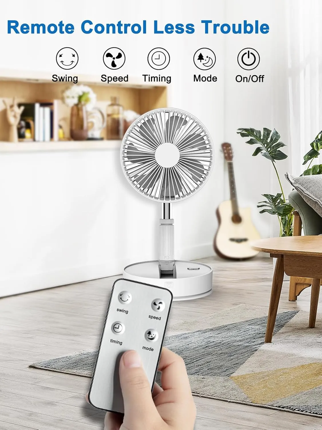 UN UNITEDTIME Oscillating Fan with Remote Control, 7200mAh Rechargeable Battery Operated Travel for Camping, 4 Speed, Timer, Height Adjustment Portable Foldable Fan for Travel, Outdoor, Home (White)