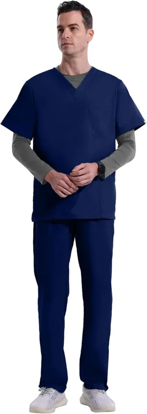 Uniforms World Elvis Scrubs Set for Men — Classic V-Neck Stretch Top & Straight Pants, Elastic Waistband, 7 Pockets