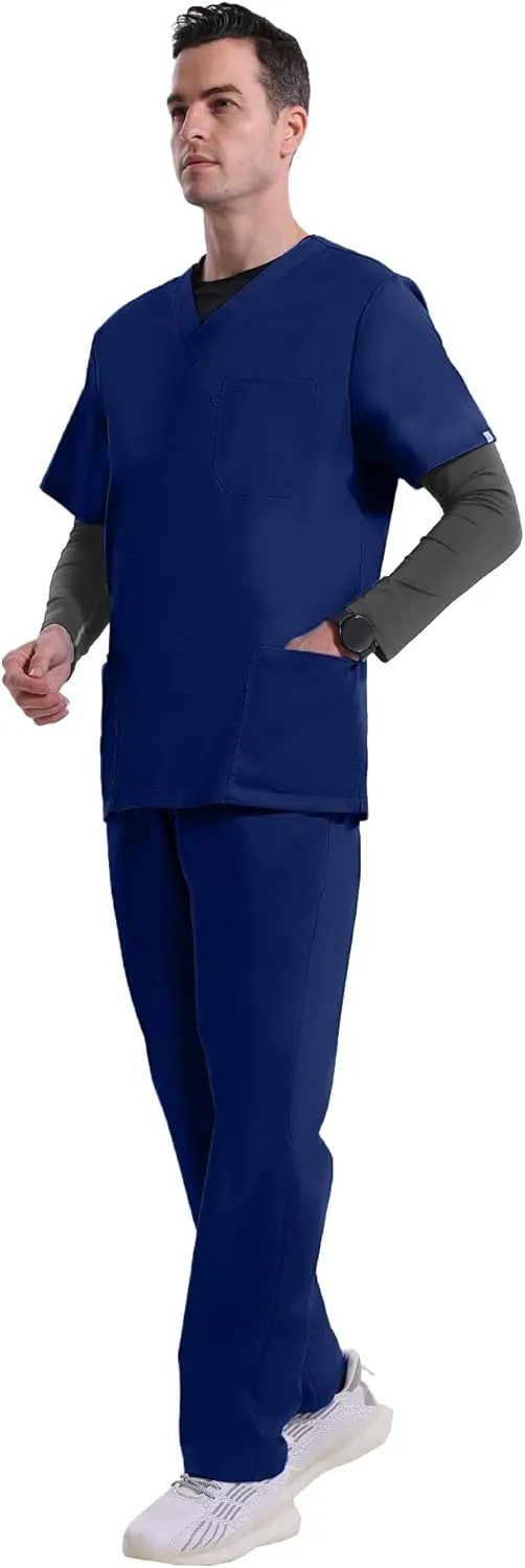 Uniforms World Elvis Scrubs Set for Men — Classic V-Neck Stretch Top & Straight Pants, Elastic Waistband, 7 Pockets