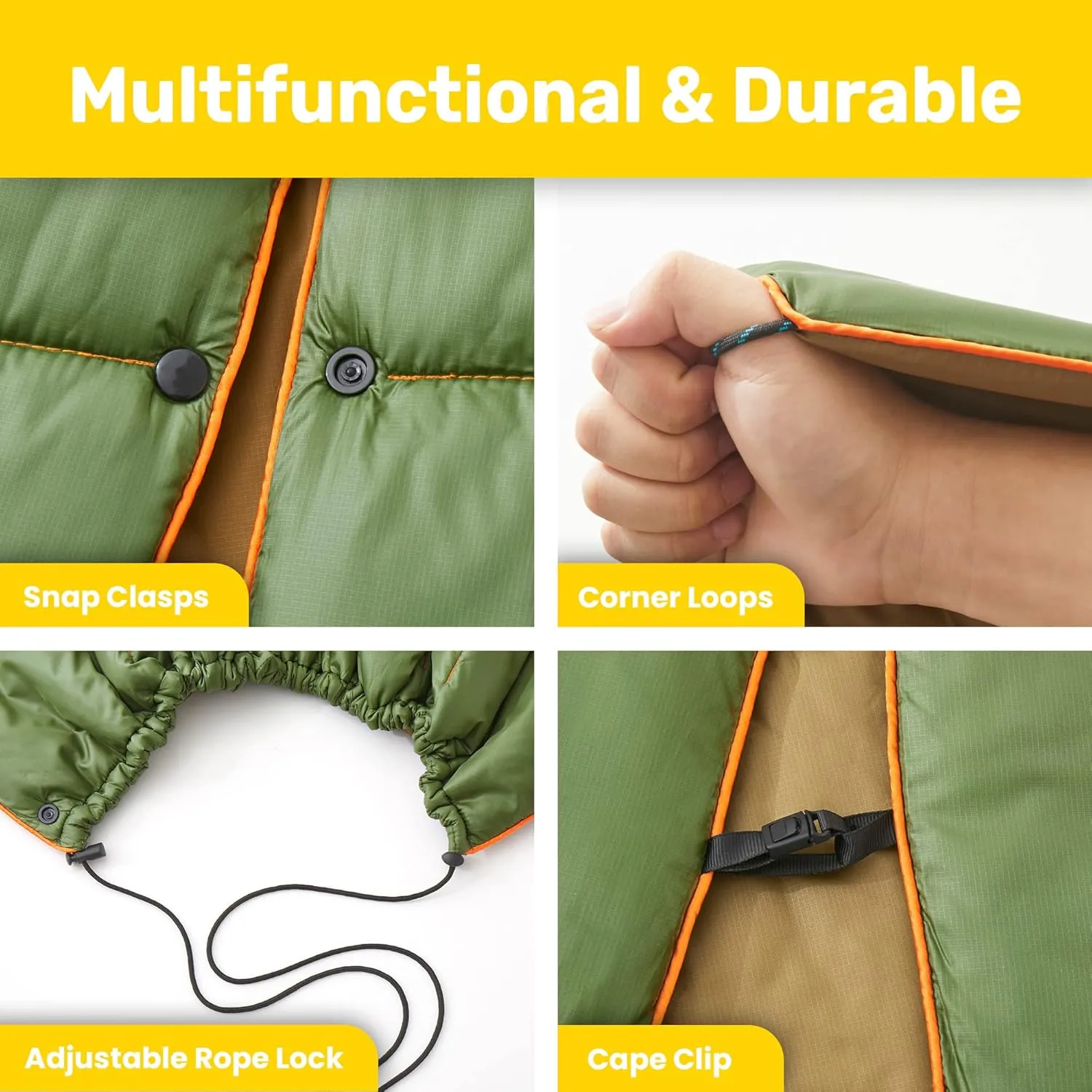UNIKOME Outdoor Packable Camping Blanket, Lightweight Travel Blanket for Hiking, Camping, Dual-Sides Waterproof Puffy Down Alternative Camping Blanket with Snap Clasps, 75"×52", Army Green&Brown