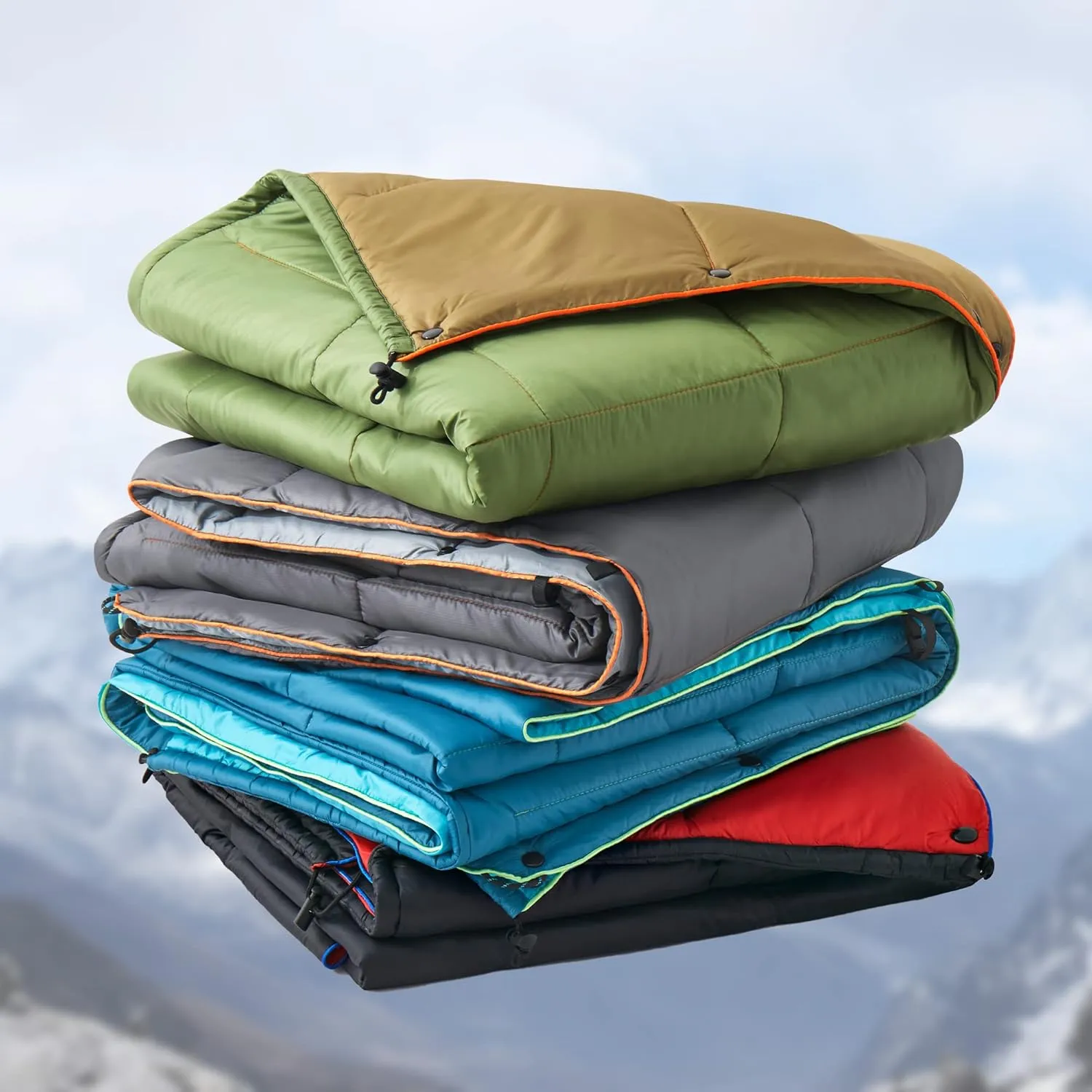 UNIKOME Outdoor Packable Camping Blanket, Lightweight Travel Blanket for Hiking, Camping, Dual-Sides Waterproof Puffy Down Alternative Camping Blanket with Snap Clasps, 75"×52", Army Green&Brown