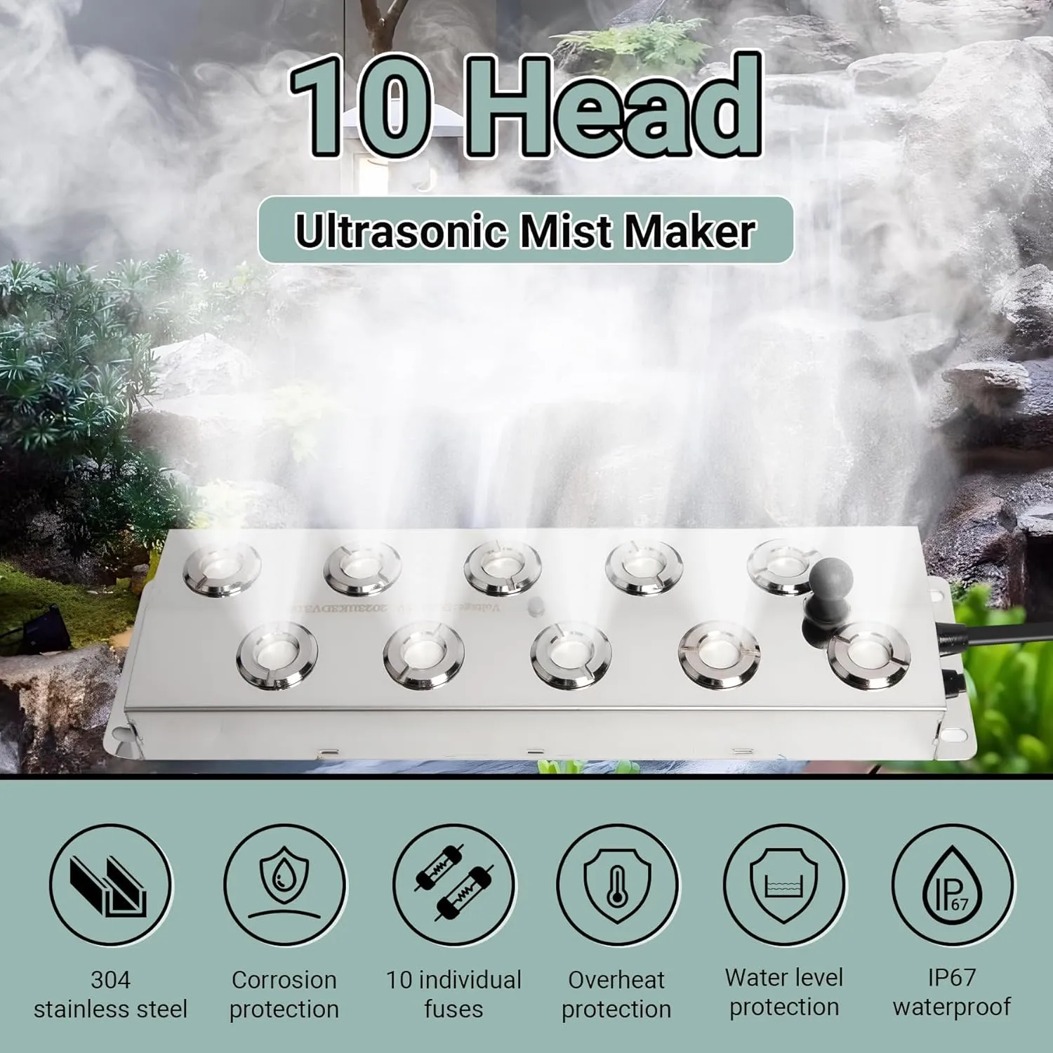 Upgrade Ultrasonic Fogger 10 Head, Ultrasonic Mist Maker with Float, 7000ml/H Mist Maker Fogger w/ 350W Waterproof Power Supply, Perfect for Pond, Greenhouse, Rockery, Halloween Decoration