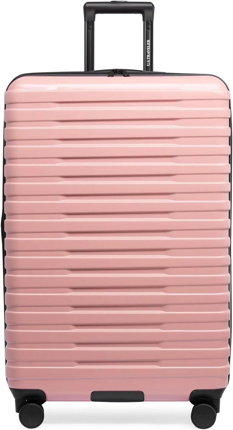 U.S. Traveler Boren Polycarbonate Hardside Rugged Travel Suitcase Luggage with 8 Spinner Wheels, Aluminum Handle, Pink, 2-Piece Set, USB Port in Carry-On