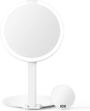 USB Foldable LED Vanity Mirror for Travel, 3 Lighting Colors Dimmable with 10X Suction Cup Magnifying Pocket Mirror, USB Rechargeable Touch Control Makeup Mirror for Table Desktop Bathroom, White