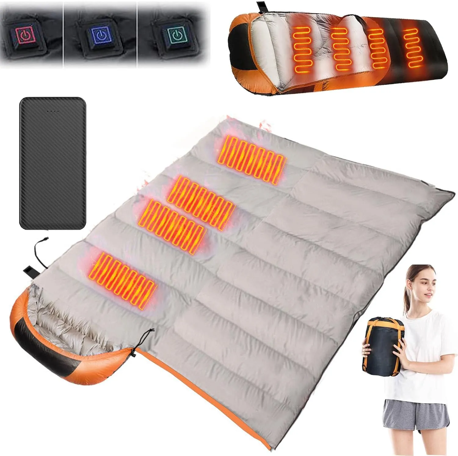 USB Heated Sleeping Bag with 20000mAh Power Bank,Camping - 3 Heats Setting, 3 Season Lightweight Comfortable Sleeping Bag for Adults Traveling,