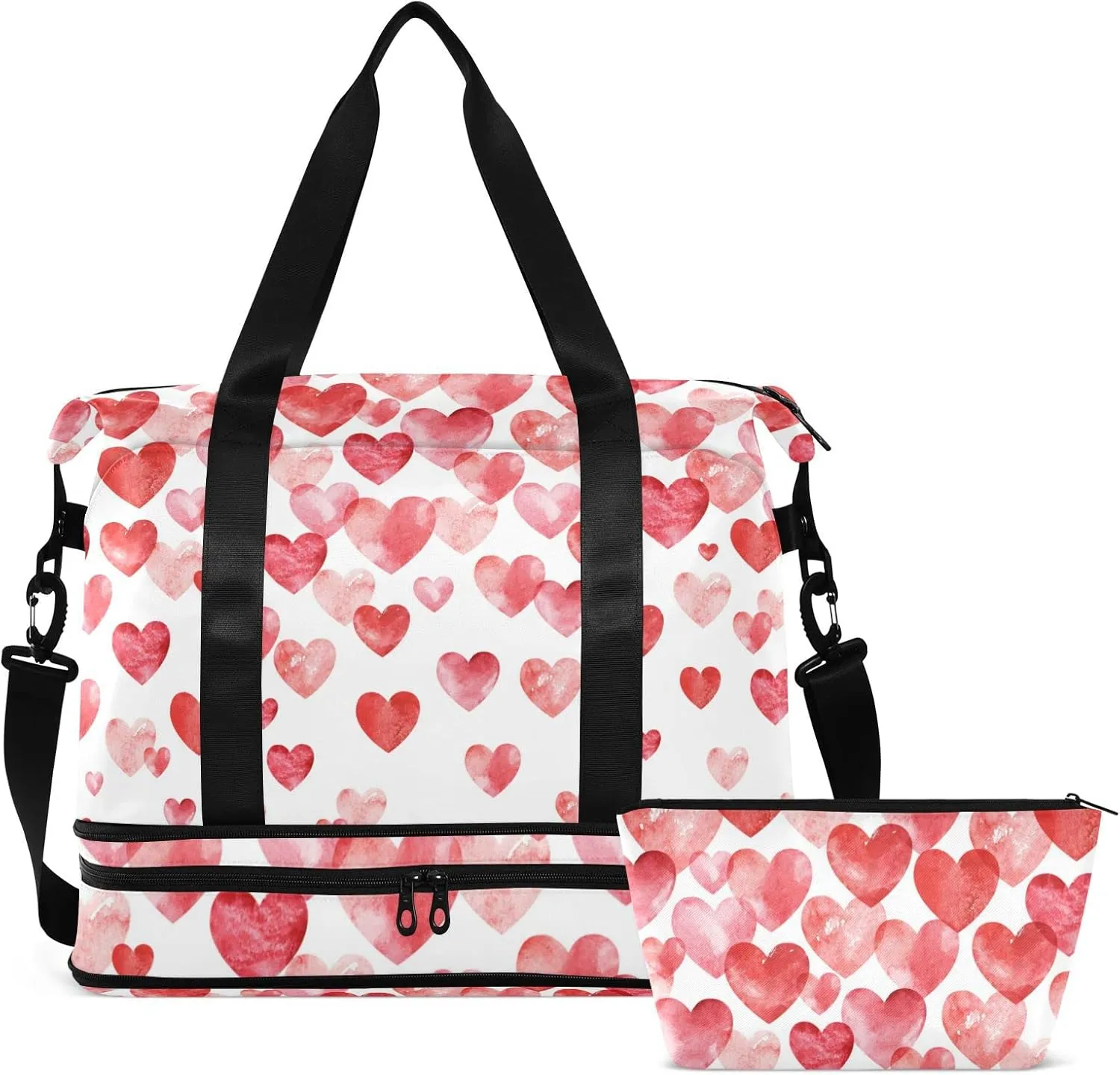 Valentine's Day Watercolor Hearts Falling Red Hearts on White Foldable Travel Bag, Camping Luggage bag, Portable Gym Bag, Sports Bag, Toiletry Bag with Handles Adjustable Shoulder Strap