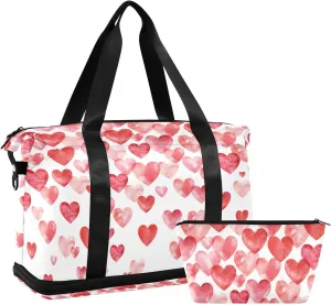 Valentine's Day Watercolor Hearts Falling Red Hearts on White Foldable Travel Bag, Camping Luggage bag, Portable Gym Bag, Sports Bag, Toiletry Bag with Handles Adjustable Shoulder Strap