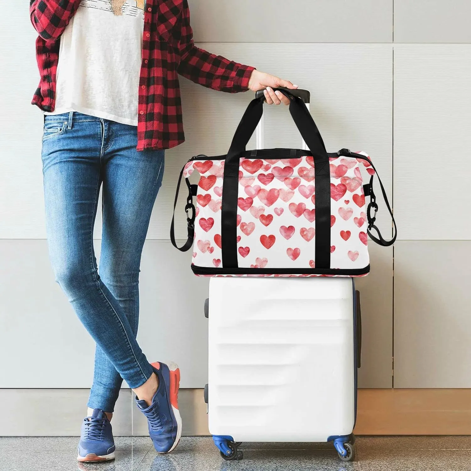 Valentine's Day Watercolor Hearts Falling Red Hearts on White Foldable Travel Bag, Camping Luggage bag, Portable Gym Bag, Sports Bag, Toiletry Bag with Handles Adjustable Shoulder Strap