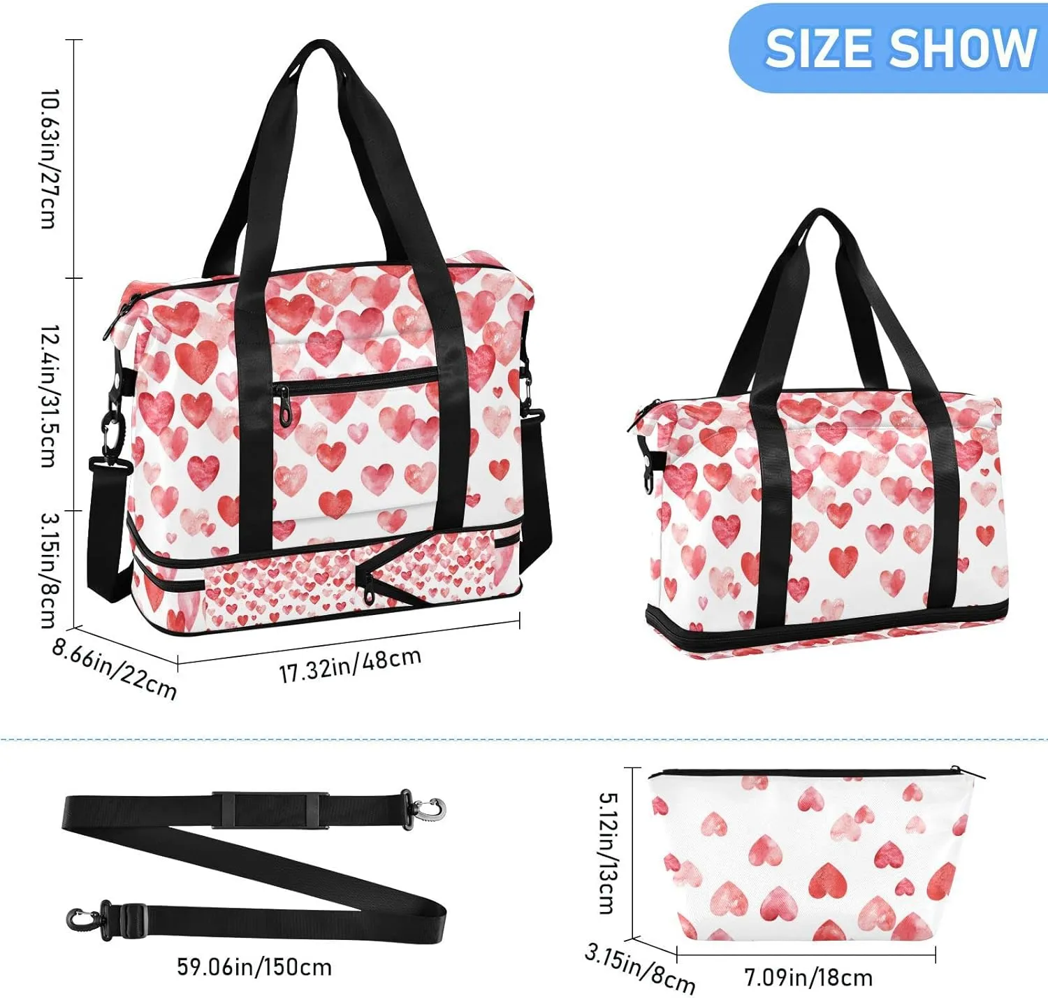Valentine's Day Watercolor Hearts Falling Red Hearts on White Foldable Travel Bag, Camping Luggage bag, Portable Gym Bag, Sports Bag, Toiletry Bag with Handles Adjustable Shoulder Strap
