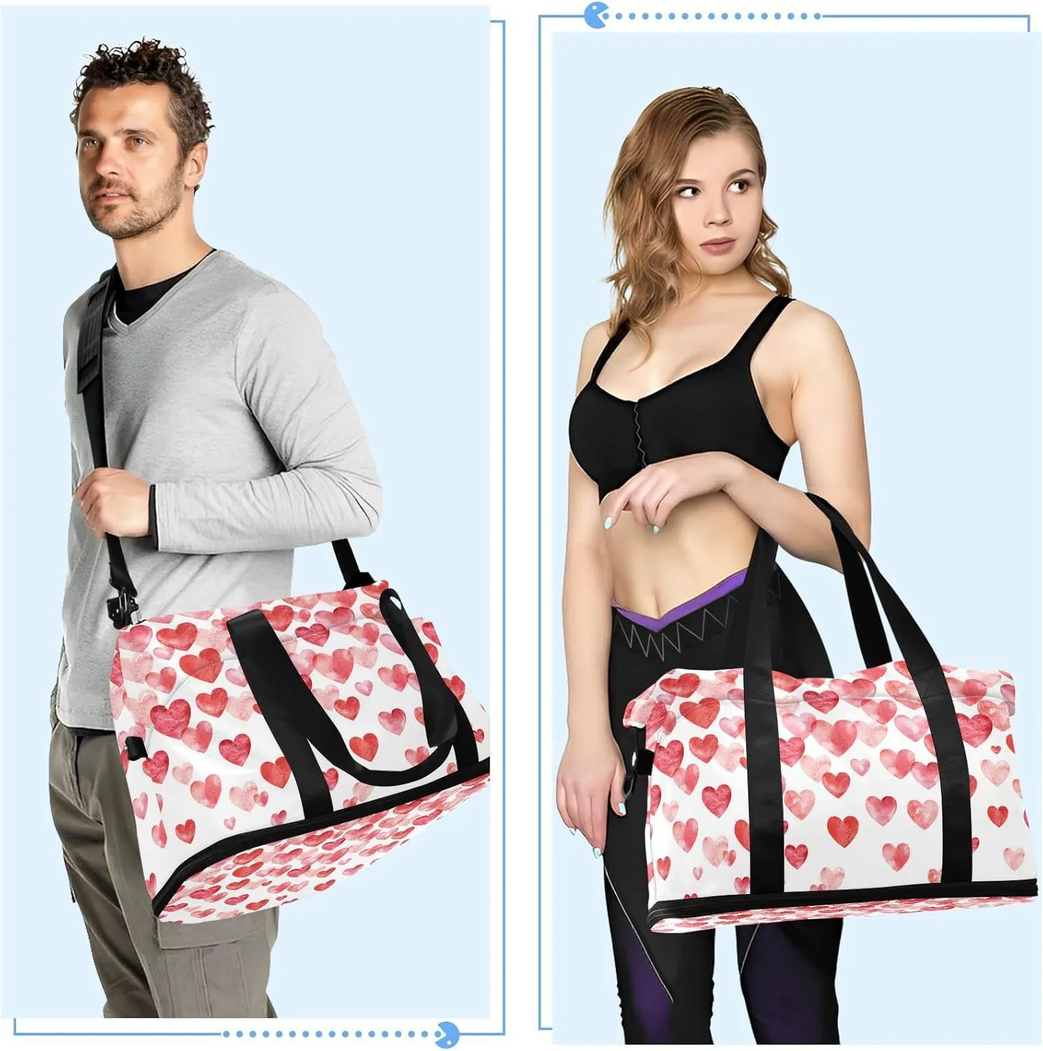 Valentine's Day Watercolor Hearts Falling Red Hearts on White Foldable Travel Bag, Camping Luggage bag, Portable Gym Bag, Sports Bag, Toiletry Bag with Handles Adjustable Shoulder Strap