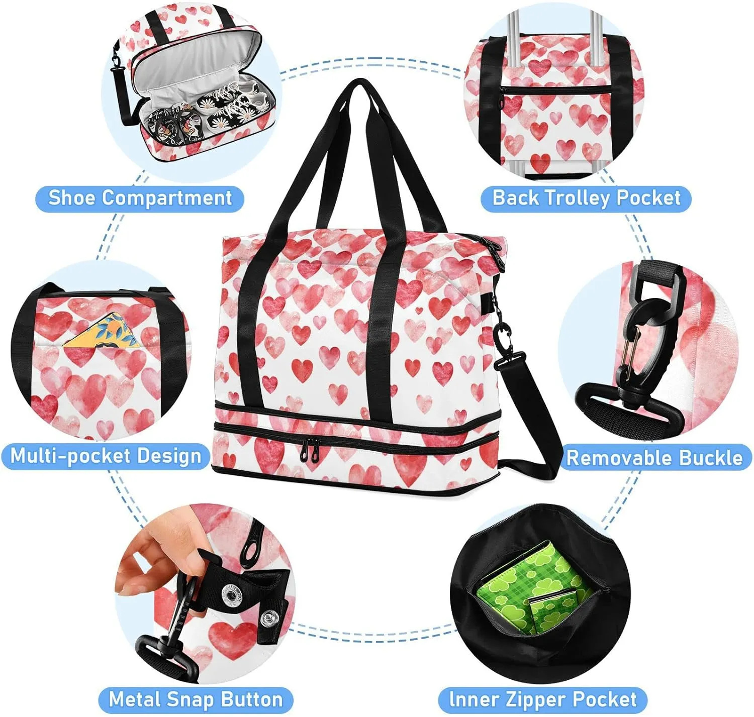Valentine's Day Watercolor Hearts Falling Red Hearts on White Foldable Travel Bag, Camping Luggage bag, Portable Gym Bag, Sports Bag, Toiletry Bag with Handles Adjustable Shoulder Strap