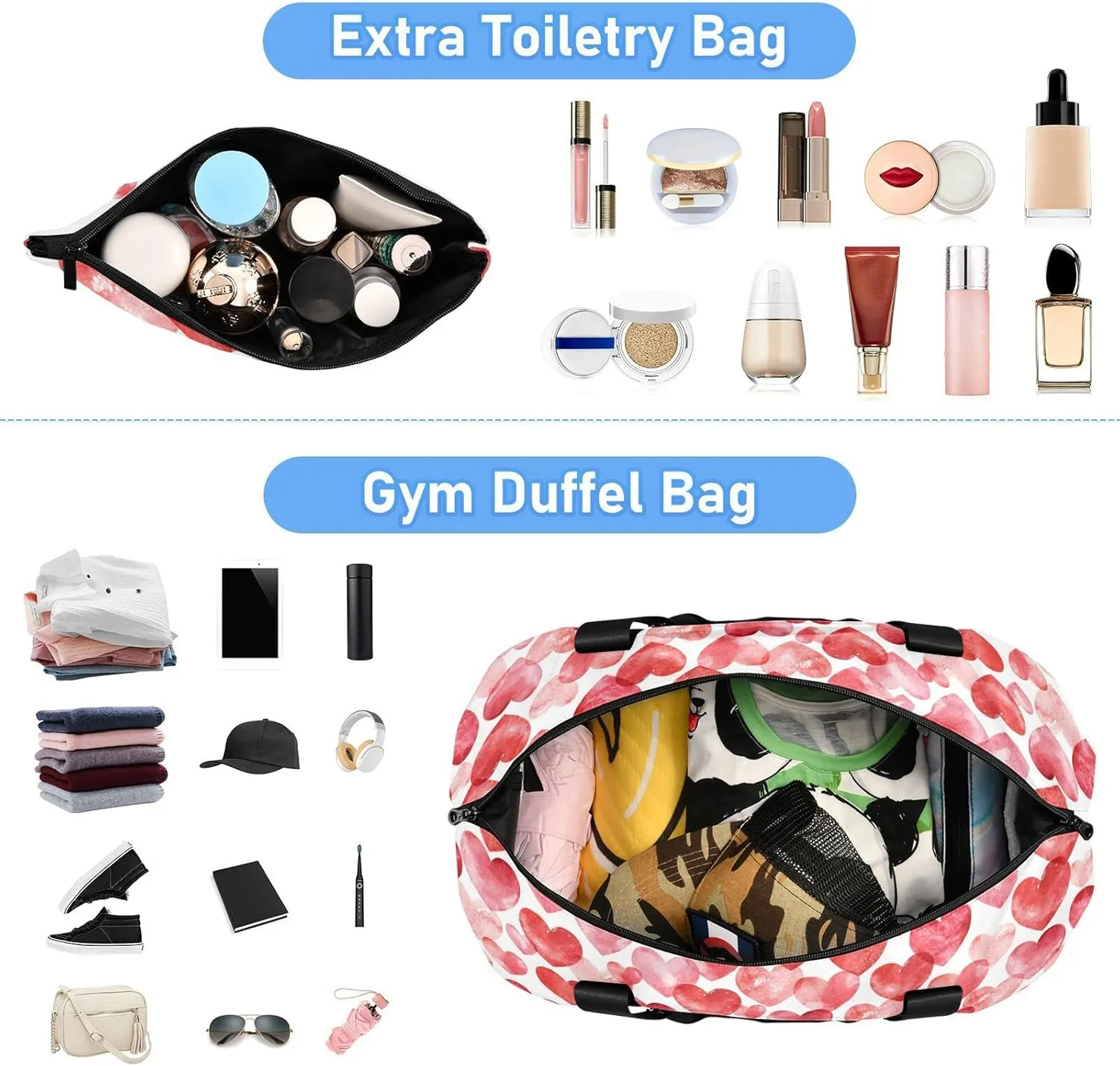 Valentine's Day Watercolor Hearts Falling Red Hearts on White Foldable Travel Bag, Camping Luggage bag, Portable Gym Bag, Sports Bag, Toiletry Bag with Handles Adjustable Shoulder Strap