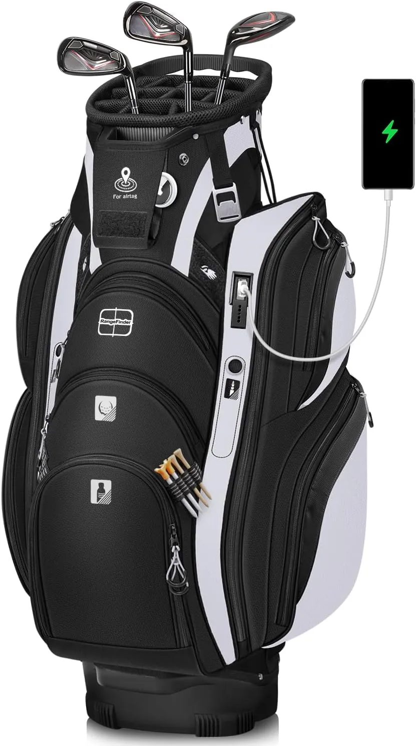 Vancropak Golf Club Cart Bag with USB Port, Smart Golf Bag with 15 Way Anti-Collision Divider Top, Waterproof Padded Rain Hood, Shoe Compartment，Insulated Pocket, Tracker Slot, Umbrella Storage