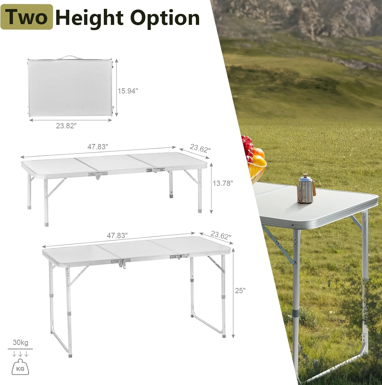 Vasitelan Camping Folding Table, Outdoor Camping Table Aluminum Folding Table with Adjustable Height,Portable Picnic Table Foldable Table for Outdoor Backyard BBQ (4 FT)