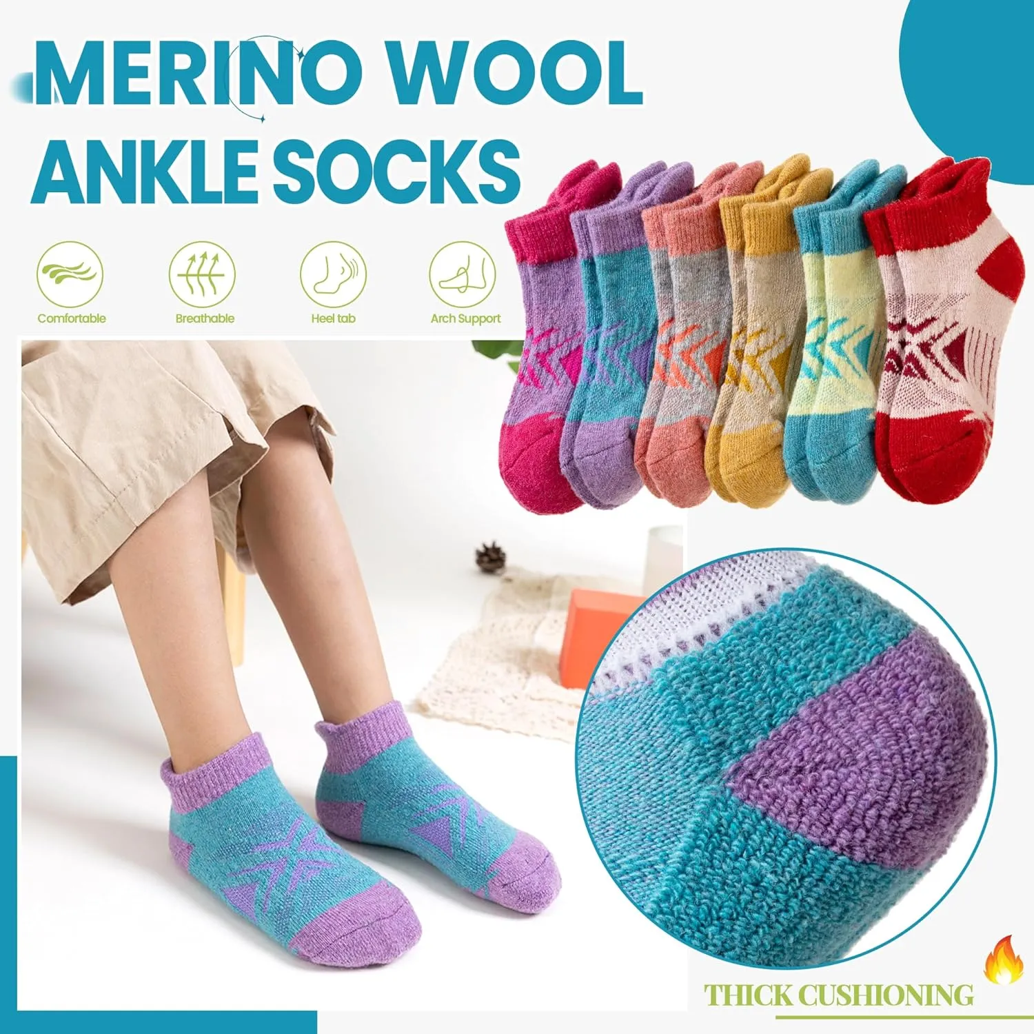 Velice Kids Merino Wool Ankle Hiking Running Socks Girls Boys Teens Athletic Warm Thick Cushion No Show Socks 6 Pairs
