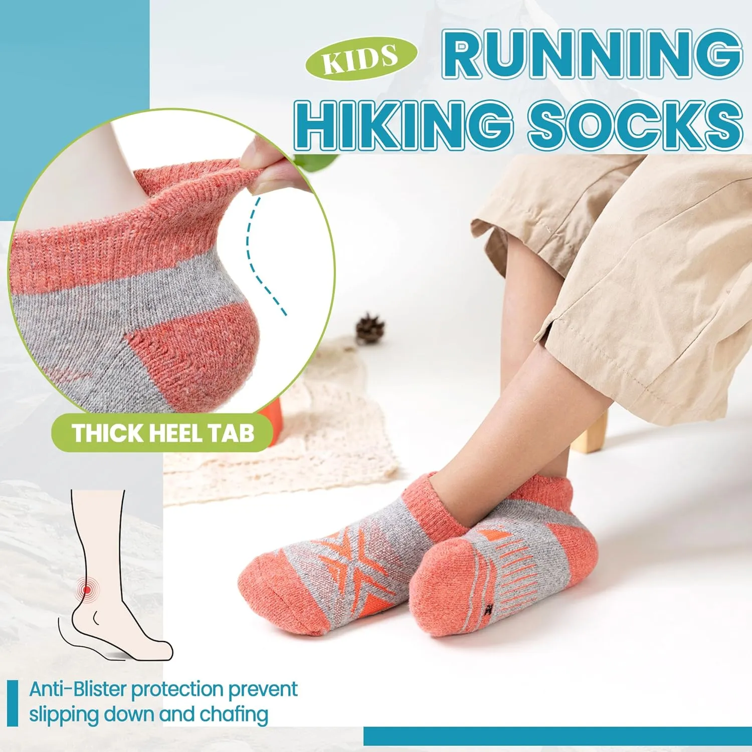 Velice Kids Merino Wool Ankle Hiking Running Socks Girls Boys Teens Athletic Warm Thick Cushion No Show Socks 6 Pairs