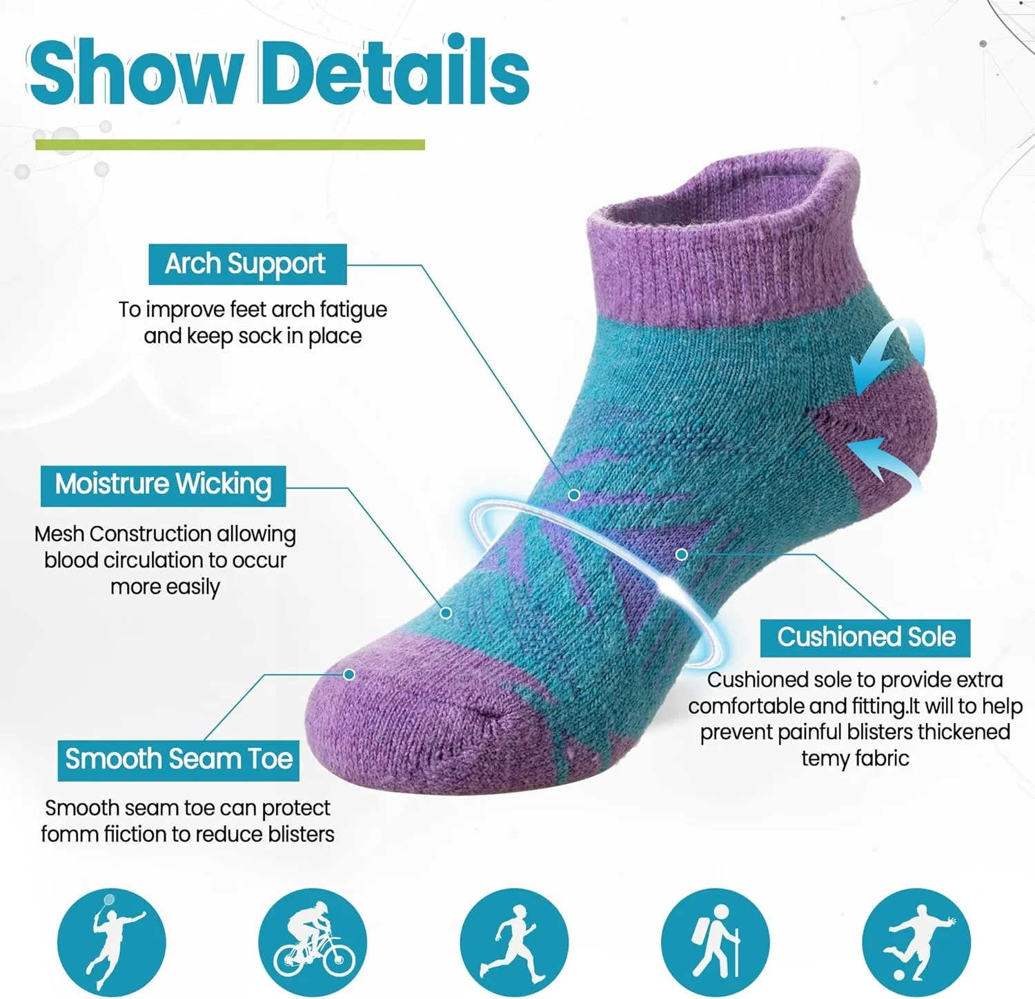 Velice Kids Merino Wool Ankle Hiking Running Socks Girls Boys Teens Athletic Warm Thick Cushion No Show Socks 6 Pairs