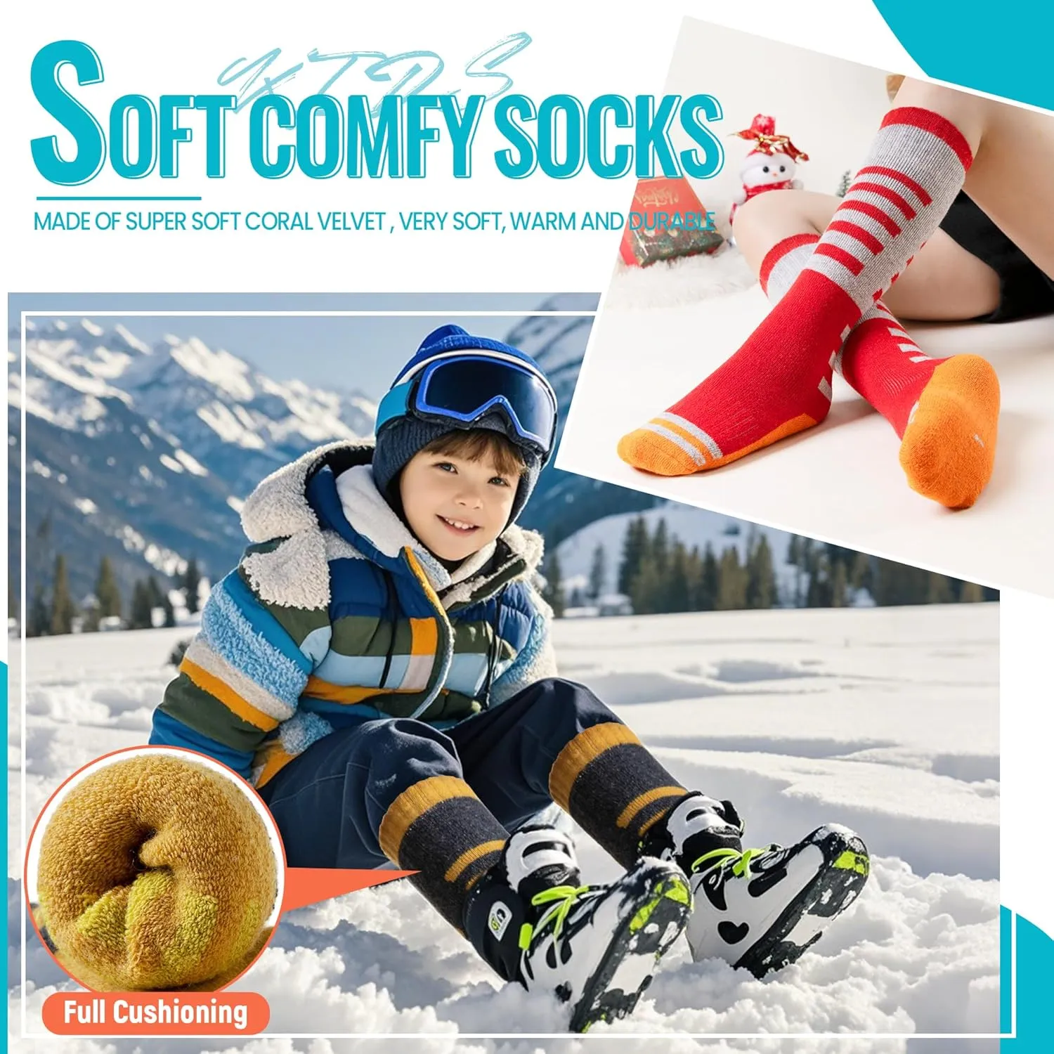 Velice Kids Merino Wool Ski Socks 3 Pairs Boys Girls Thermal Thick Warm Winter Cozy Boot Socks for Skiing Snowboarding