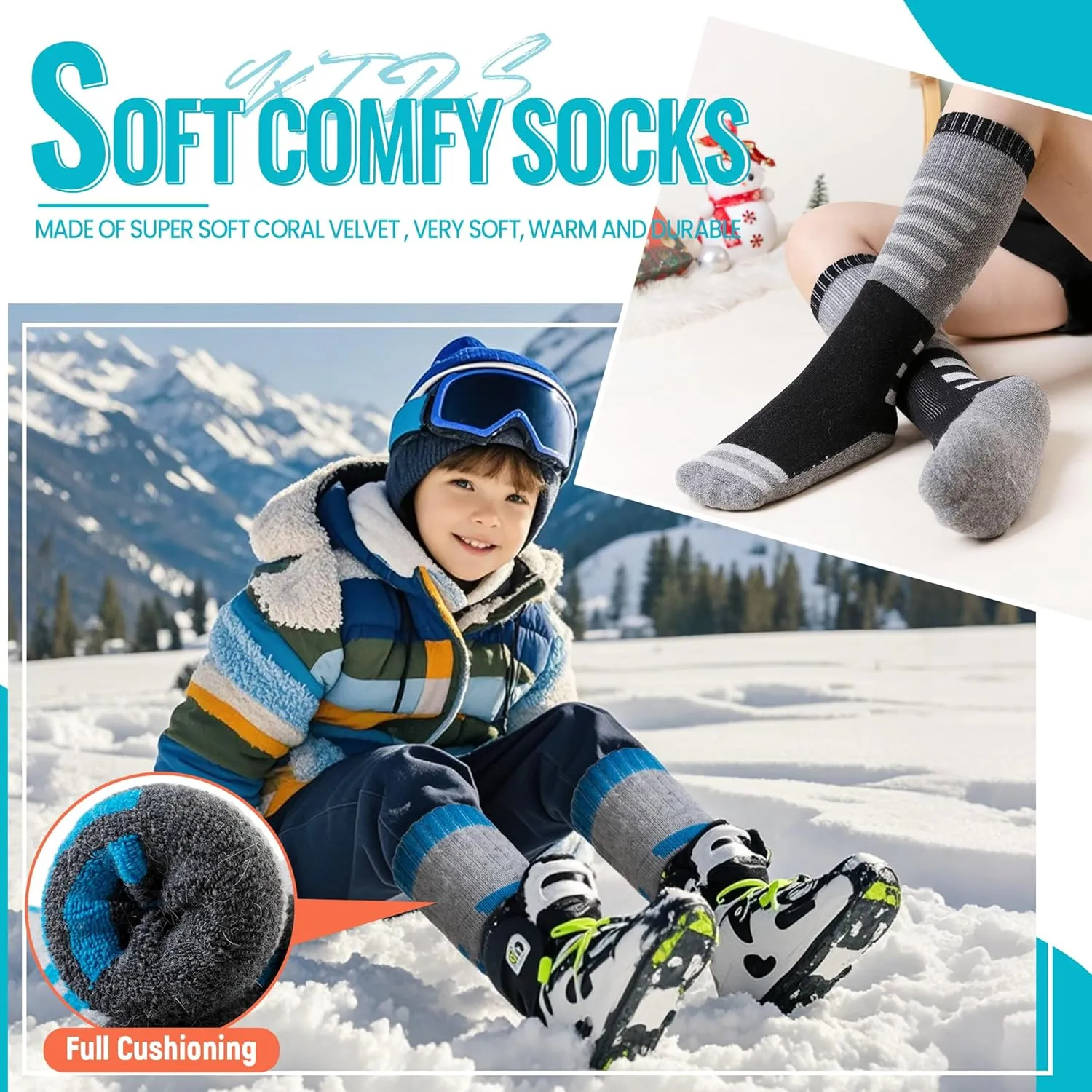 Velice Kids Merino Wool Ski Socks 3 Pairs Boys Girls Thermal Thick Warm Winter Cozy Boot Socks for Skiing Snowboarding