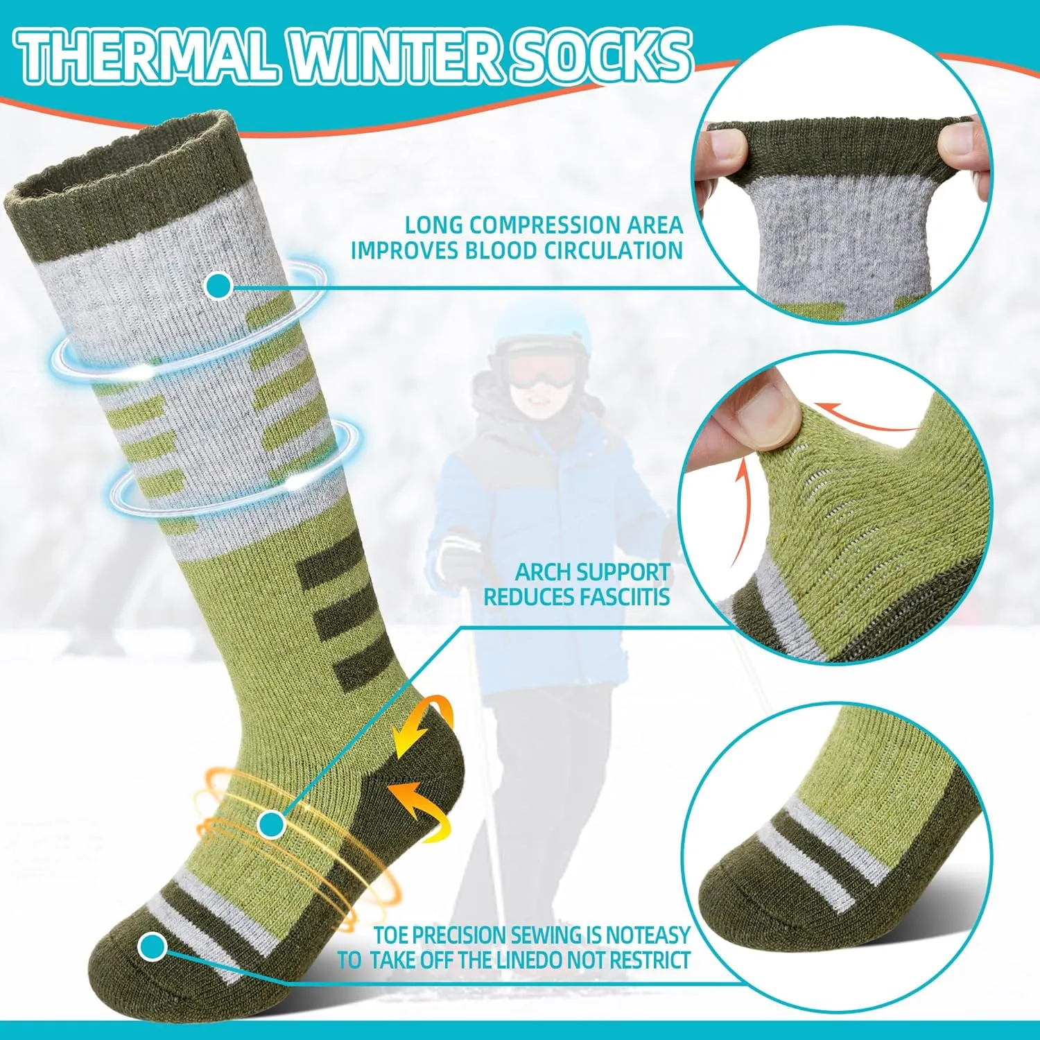 Velice Kids Merino Wool Ski Socks 3 Pairs Boys Girls Thermal Thick Warm Winter Cozy Boot Socks for Skiing Snowboarding
