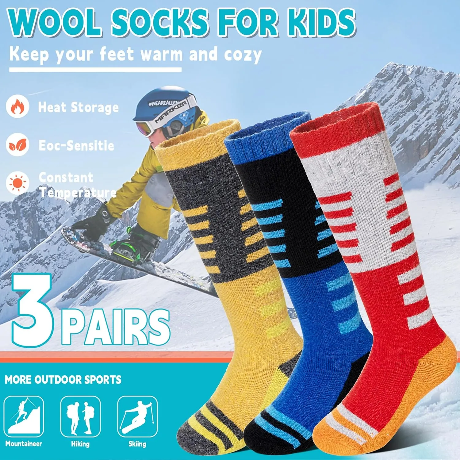 Velice Kids Merino Wool Ski Socks 3 Pairs Boys Girls Thermal Thick Warm Winter Cozy Boot Socks for Skiing Snowboarding