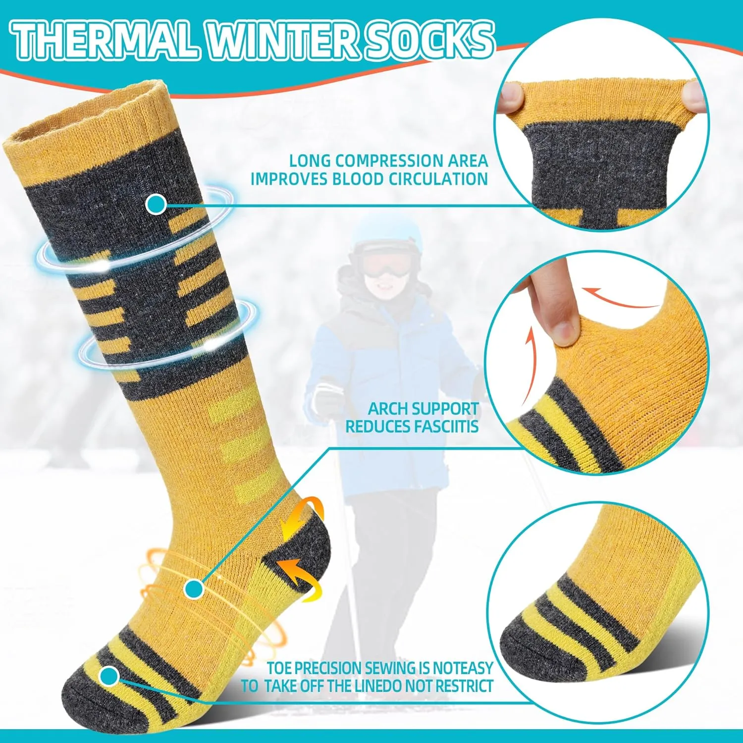 Velice Kids Merino Wool Ski Socks 3 Pairs Boys Girls Thermal Thick Warm Winter Cozy Boot Socks for Skiing Snowboarding