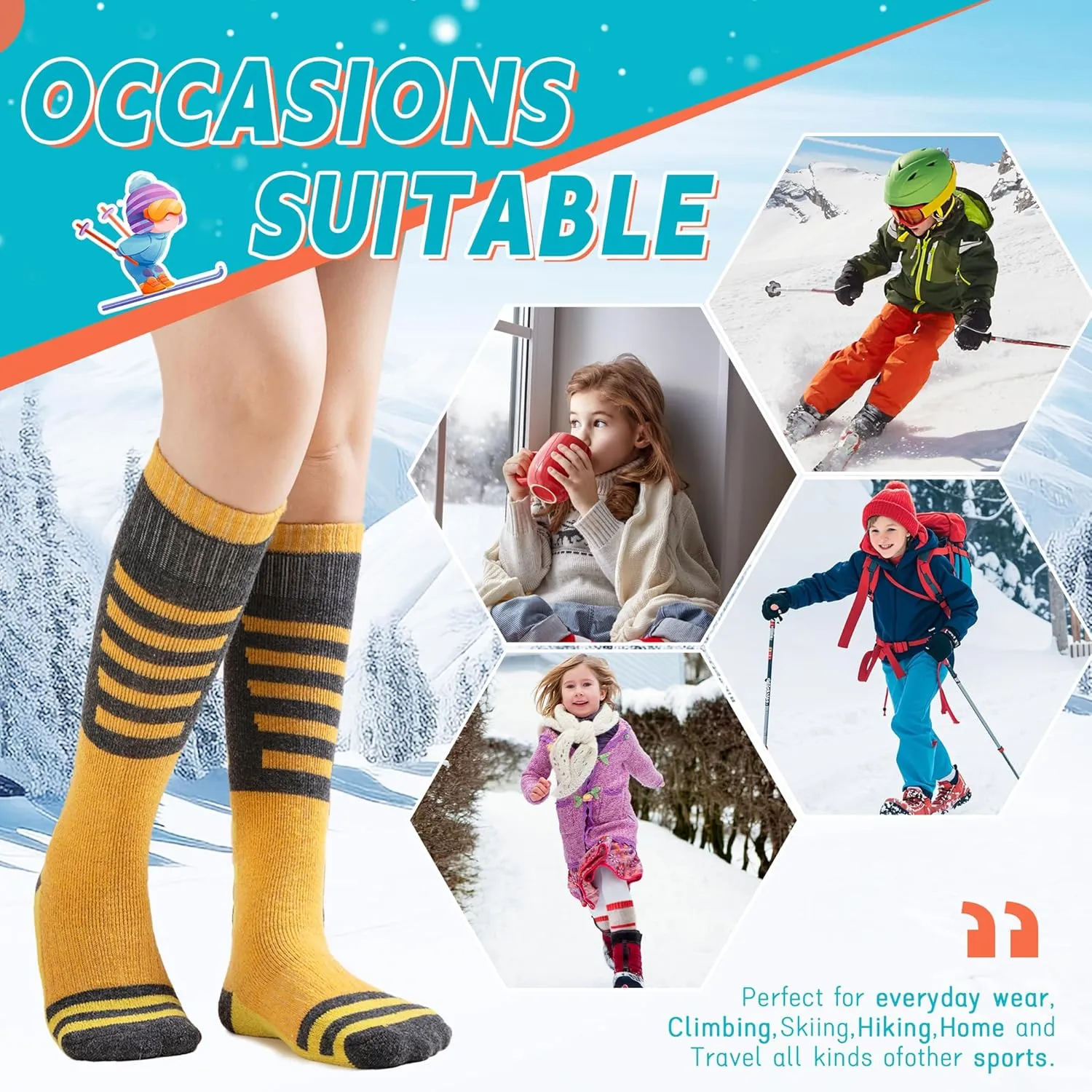 Velice Kids Merino Wool Ski Socks 3 Pairs Boys Girls Thermal Thick Warm Winter Cozy Boot Socks for Skiing Snowboarding