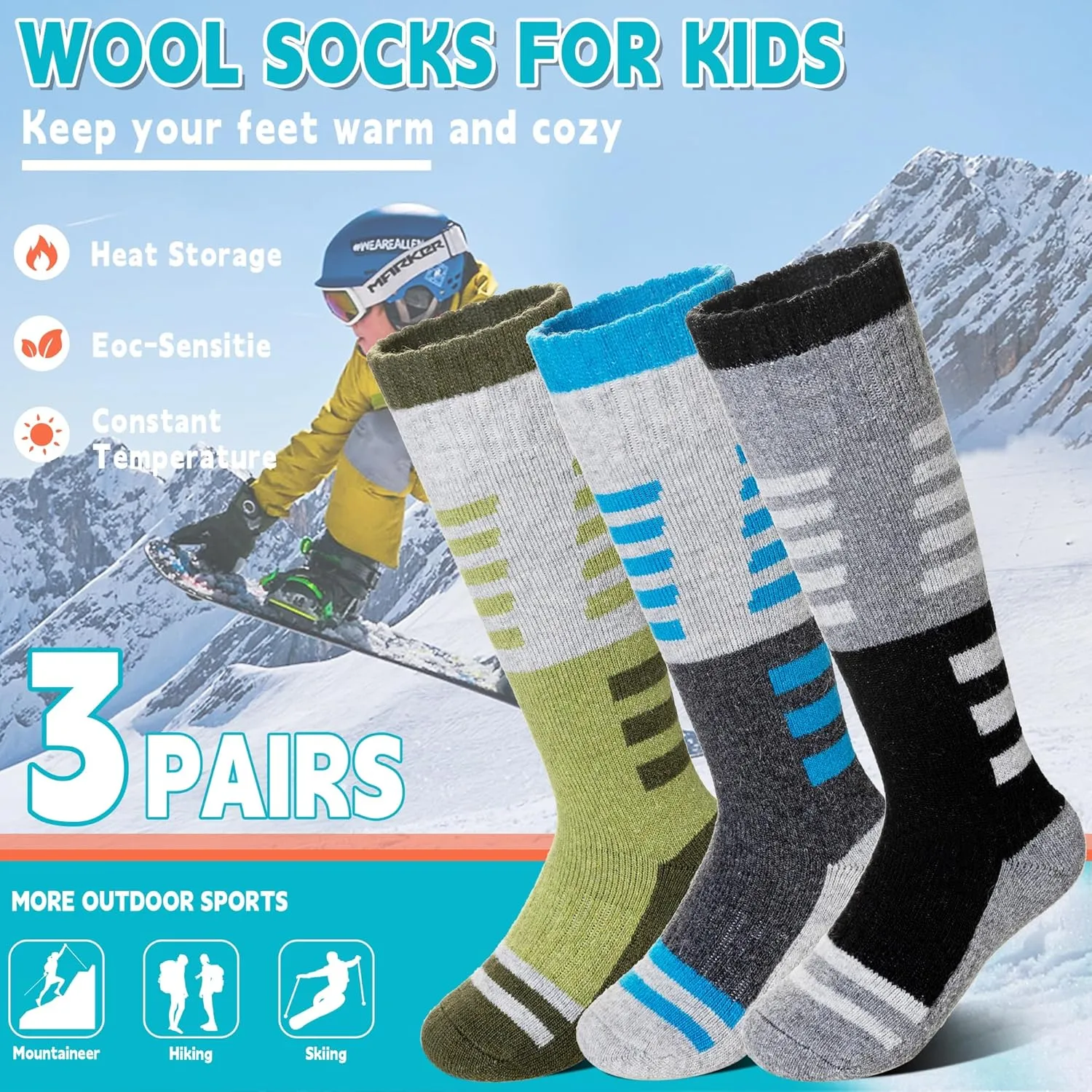 Velice Kids Merino Wool Ski Socks 3 Pairs Boys Girls Thermal Thick Warm Winter Cozy Boot Socks for Skiing Snowboarding