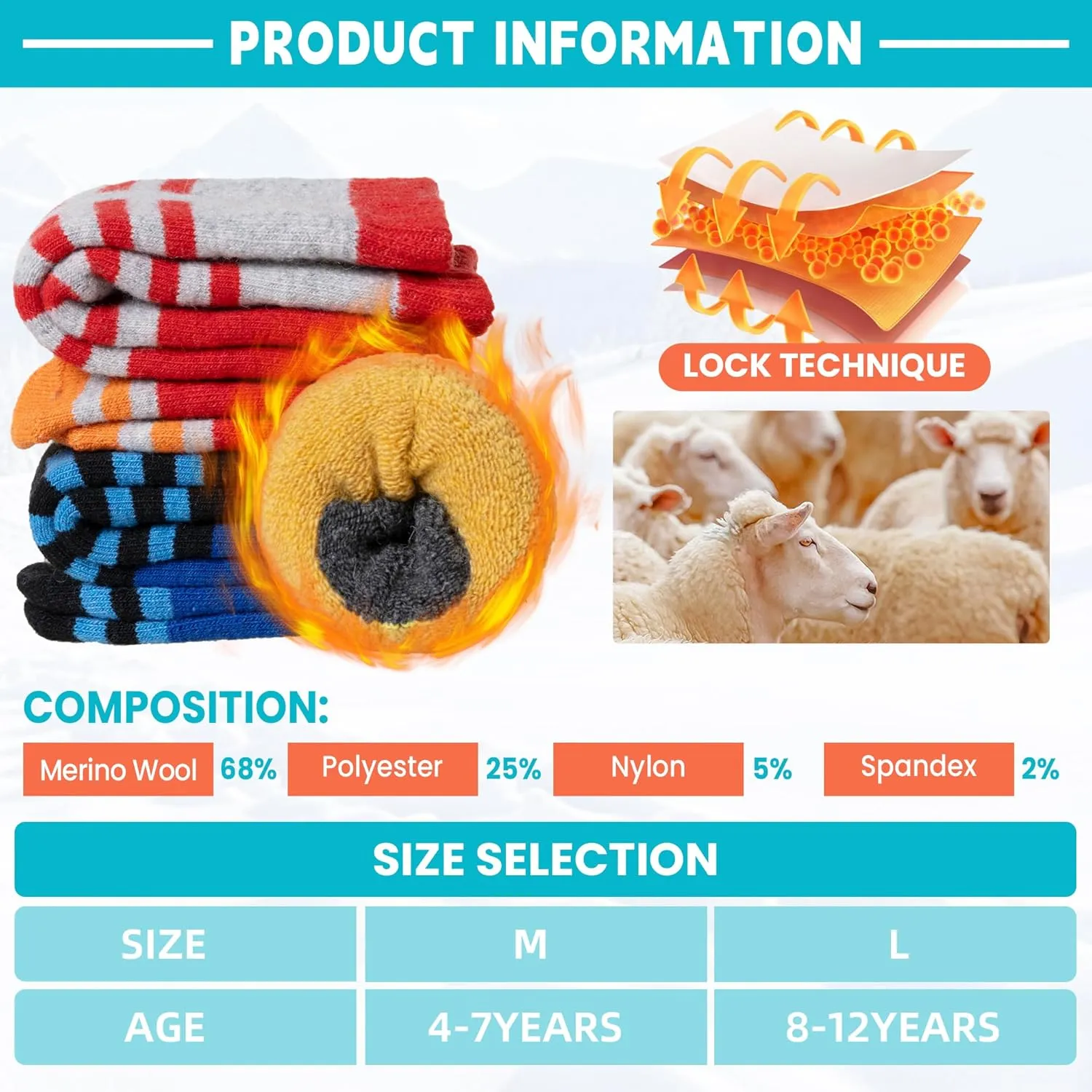 Velice Kids Merino Wool Ski Socks 3 Pairs Boys Girls Thermal Thick Warm Winter Cozy Boot Socks for Skiing Snowboarding