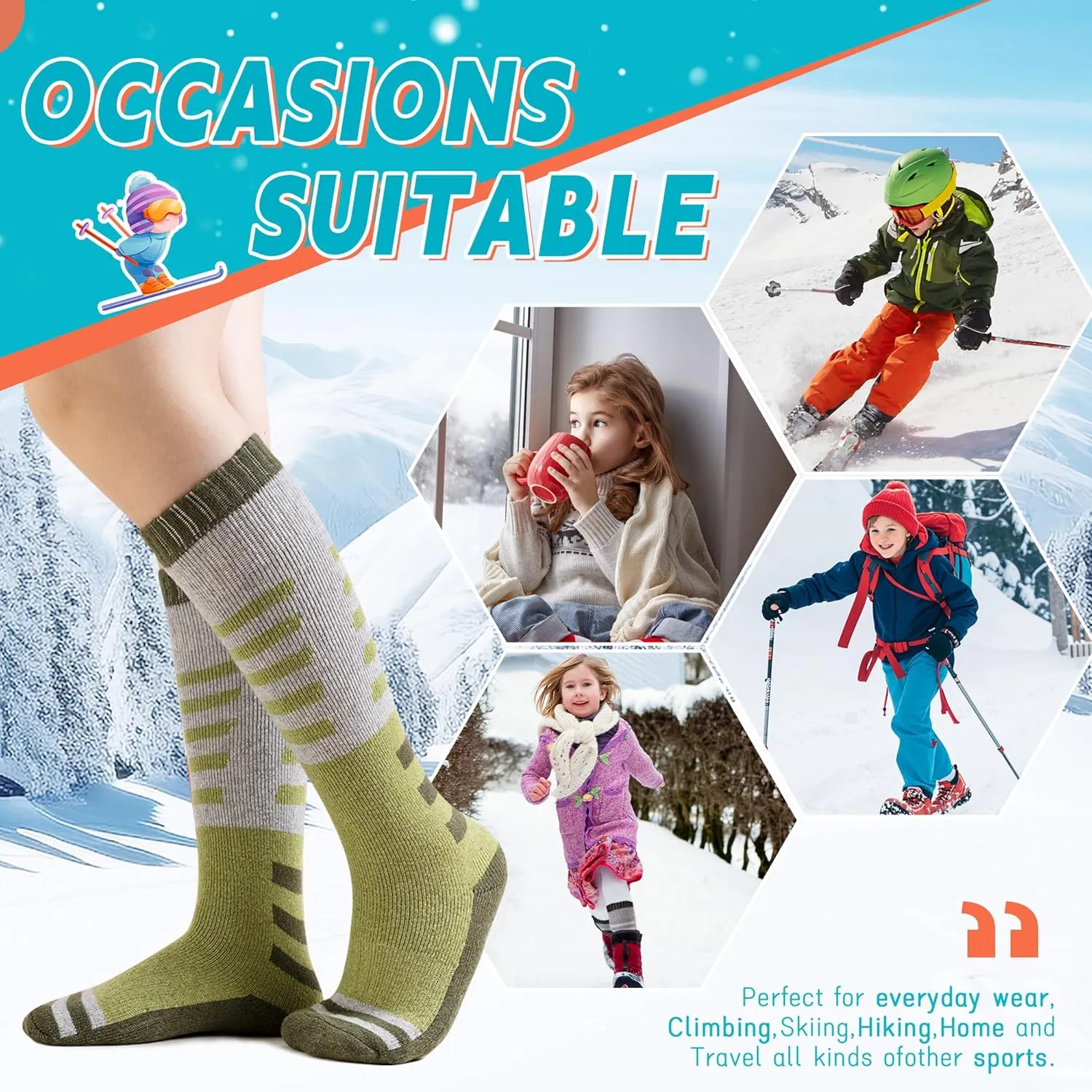 Velice Kids Merino Wool Ski Socks 3 Pairs Boys Girls Thermal Thick Warm Winter Cozy Boot Socks for Skiing Snowboarding