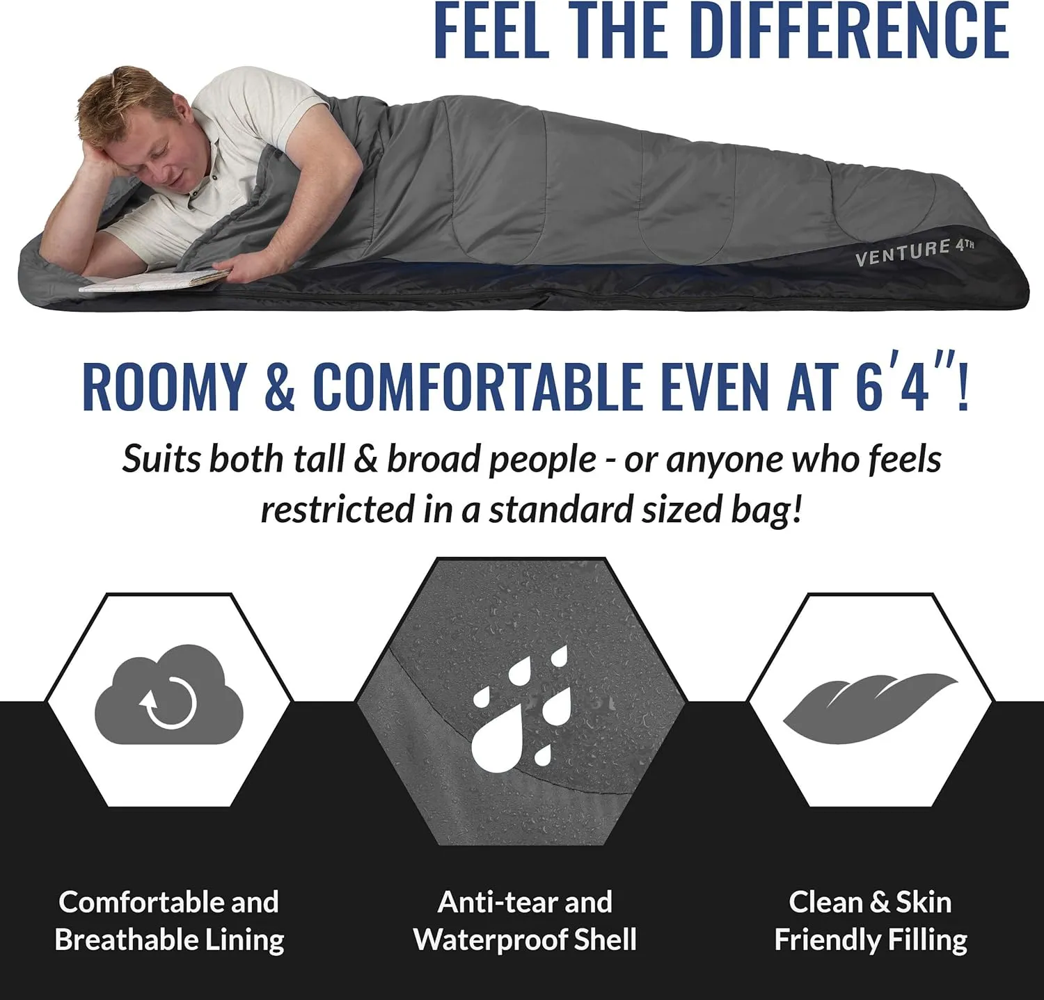 VENTURE 4TH Backpacking Sleeping Bag – XXL, Double and Single Sizes - Lightweight Warm & Cold Weather Sleeping Bags for Adults, Kids & Couples – Ideal for Hiking, Camping & Outdoor Adventures