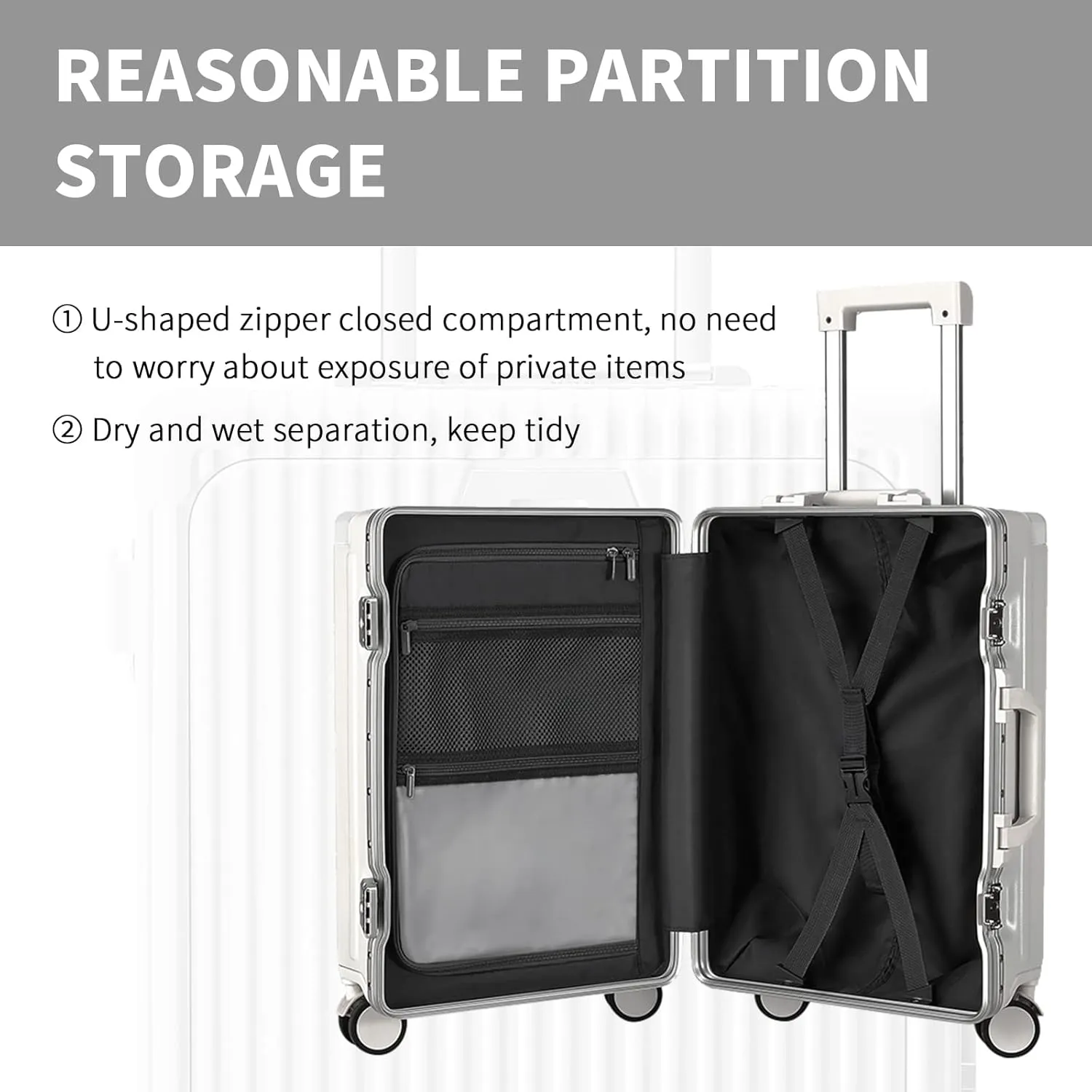 Versatile Aluminum Frame Carry-On Luggage with USB Charging Port, Front Compartment, TSA Lock, Airline Approved Carry On Hardside Suitcase with Spinner Wheels(White, 20-lnch)