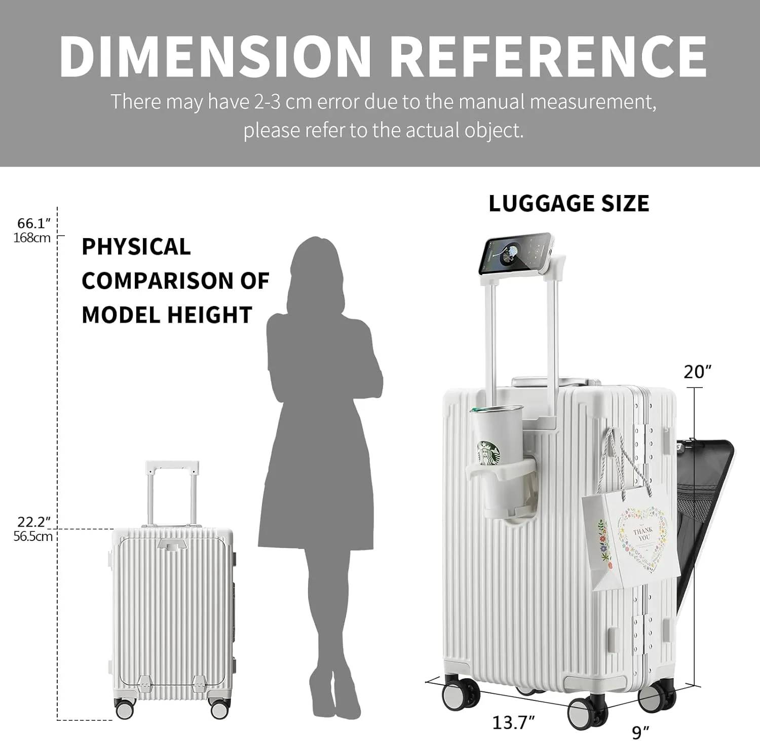 Versatile Aluminum Frame Carry-On Luggage with USB Charging Port, Front Compartment, TSA Lock, Airline Approved Carry On Hardside Suitcase with Spinner Wheels(White, 20-lnch)