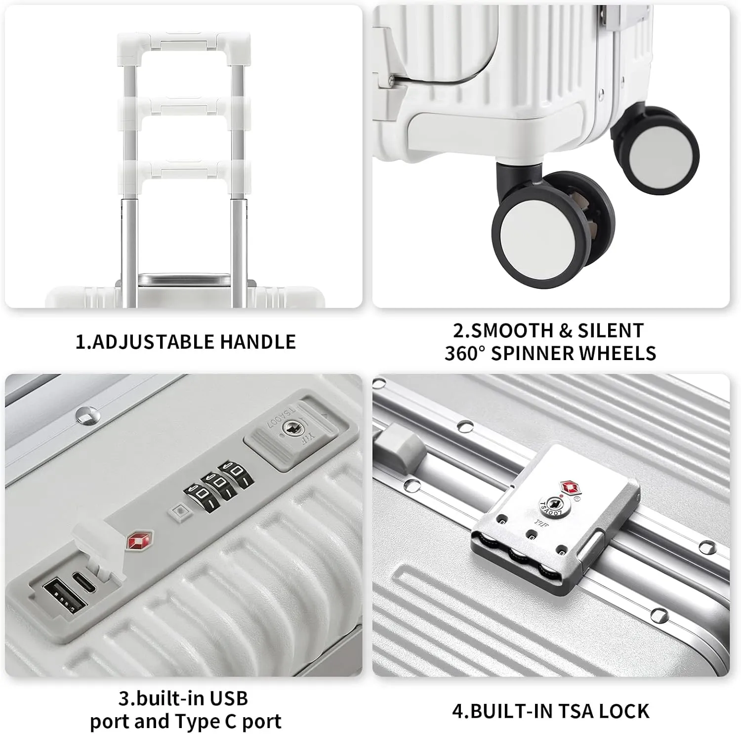 Versatile Aluminum Frame Carry-On Luggage with USB Charging Port, Front Compartment, TSA Lock, Airline Approved Carry On Hardside Suitcase with Spinner Wheels(White, 20-lnch)