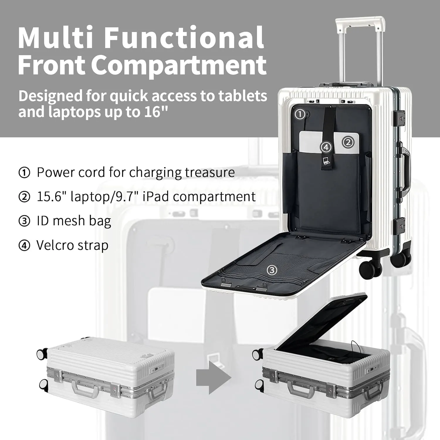 Versatile Aluminum Frame Carry-On Luggage with USB Charging Port, Front Compartment, TSA Lock, Airline Approved Carry On Hardside Suitcase with Spinner Wheels(White, 20-lnch)
