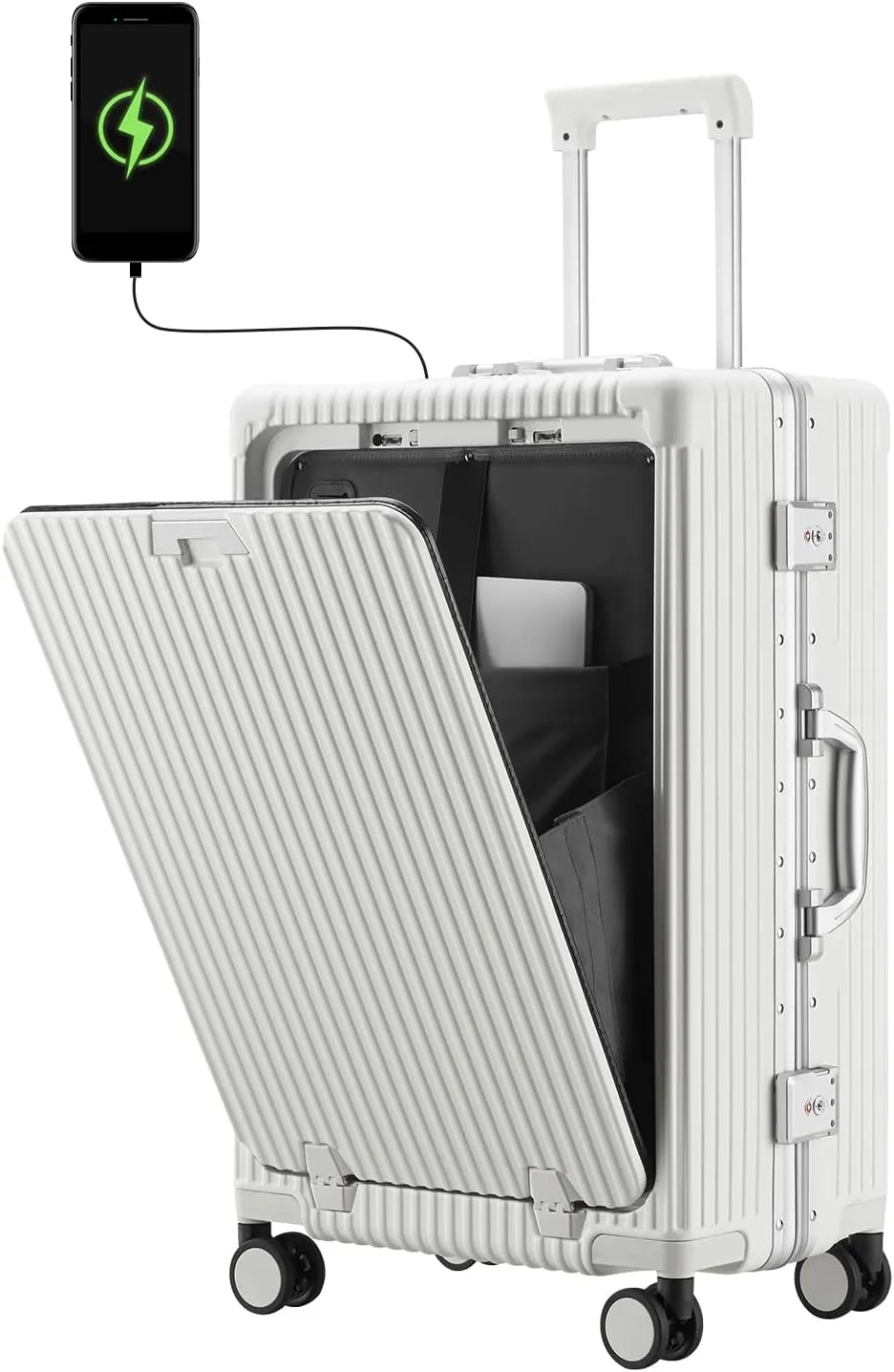 Versatile Aluminum Frame Carry-On Luggage with USB Charging Port, Front Compartment, TSA Lock, Airline Approved Carry On Hardside Suitcase with Spinner Wheels(White, 20-lnch)