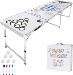 VEVOR 8 Foot Portable Pong Table, Folding Tailgate Table, Cup Holes, Dry Erase Markers and Carrying Handles, Adjustable Height, Lightweight Table for Office, Tailgate Party & Camping, White