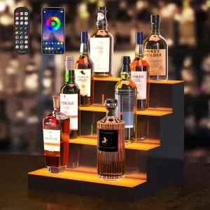VEVOR LED Lighted Liquor Bottle Display, 4 Tiers 16 Inches, Supports USB, Illuminated Home Bar Shelf with RF Remote & App Control 7 Static Colors 1-4 H Timing, Acrylic Lighted Shelf for 16 Bottles