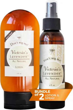 Victoria's Lavender All Natural & Body Lotion Set - DEET-Free Plant-Based Spray with Essential Oils & Aloe Vera, Travel-Friendly Skin Protection for Outdoor Activities - 4 oz Each