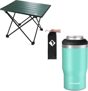 VILLEY Portable Camping Side Table and HAUSHOF 12 oz 4 in1 Can Cooler
