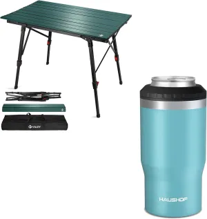 VILLEY Portable Camping Table and HAUSHOF 12 oz 4 in 1 Can Cooler