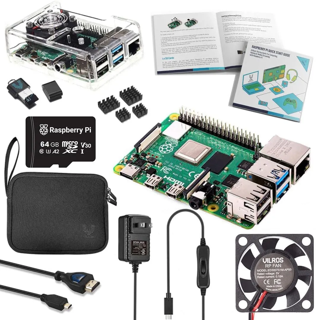 Vilros Raspberry Pi 4 Complete Starter Kit- Includes Raspberry Pi 4 Board, Fan Cooled Case, 64GB Preloaded Micro SD Card and More (4GB, Clear Transparent Case)