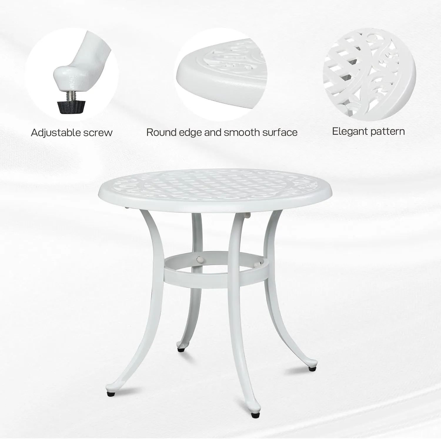 VINGLI 24" Cast Aluminum Side Table, All-Weather Round Patio Coffee Table, Porch Bistro End Table (White)