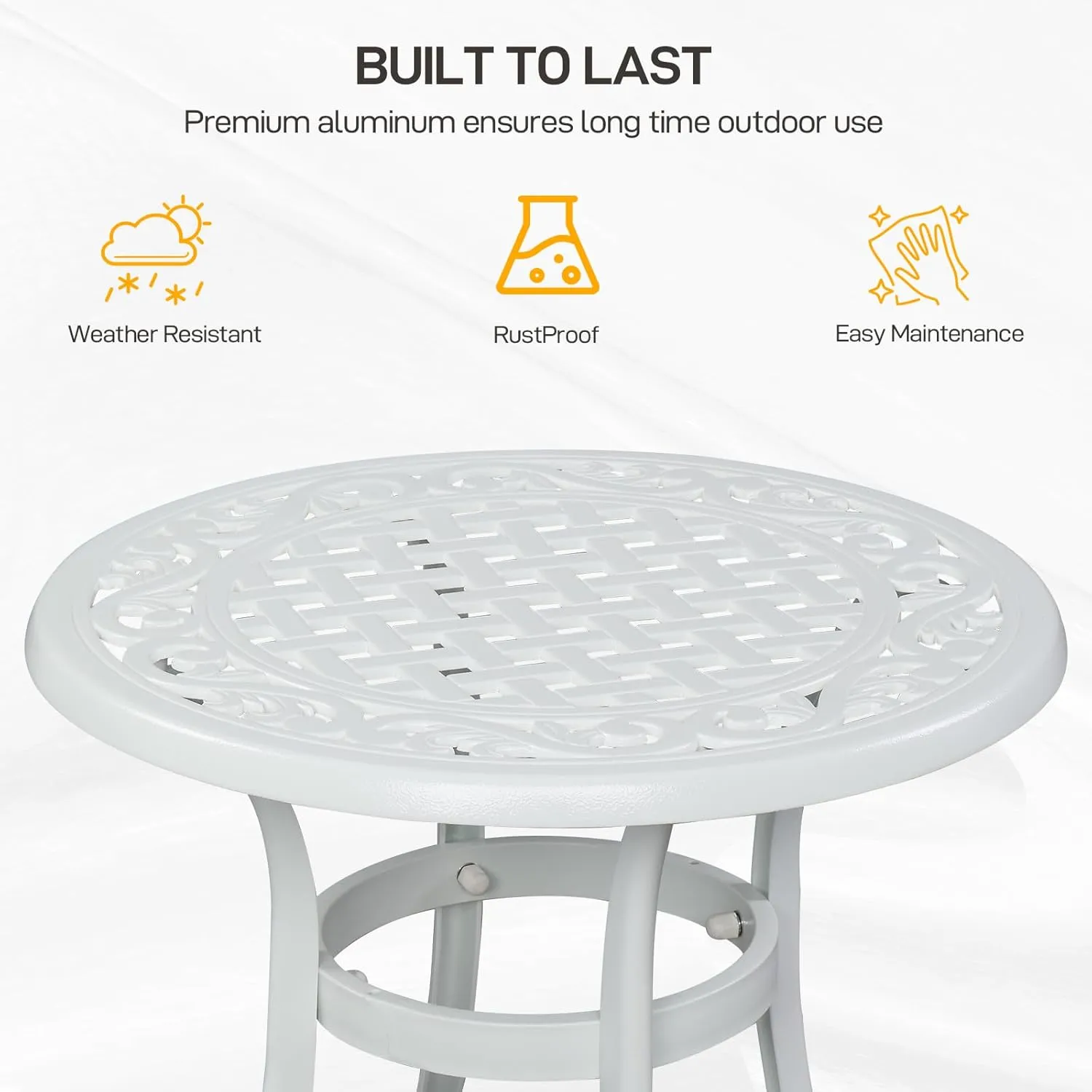 VINGLI 24" Cast Aluminum Side Table, All-Weather Round Patio Coffee Table, Porch Bistro End Table (White)