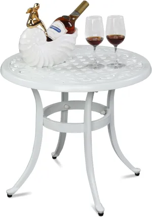 VINGLI 24" Cast Aluminum Side Table, All-Weather Round Patio Coffee Table, Porch Bistro End Table (White)