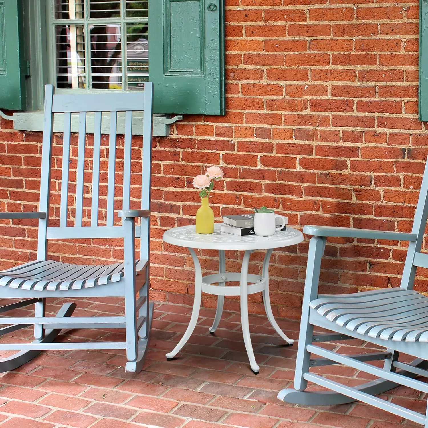 VINGLI 24" Cast Aluminum Side Table, All-Weather Round Patio Coffee Table, Porch Bistro End Table (White)