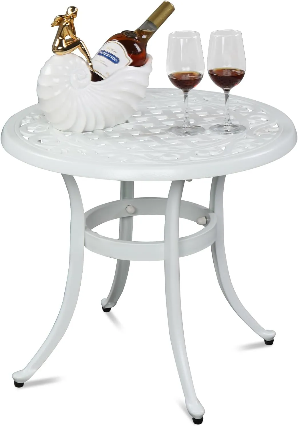 VINGLI 24" Cast Aluminum Side Table, All-Weather Round Patio Coffee Table, Porch Bistro End Table (White)