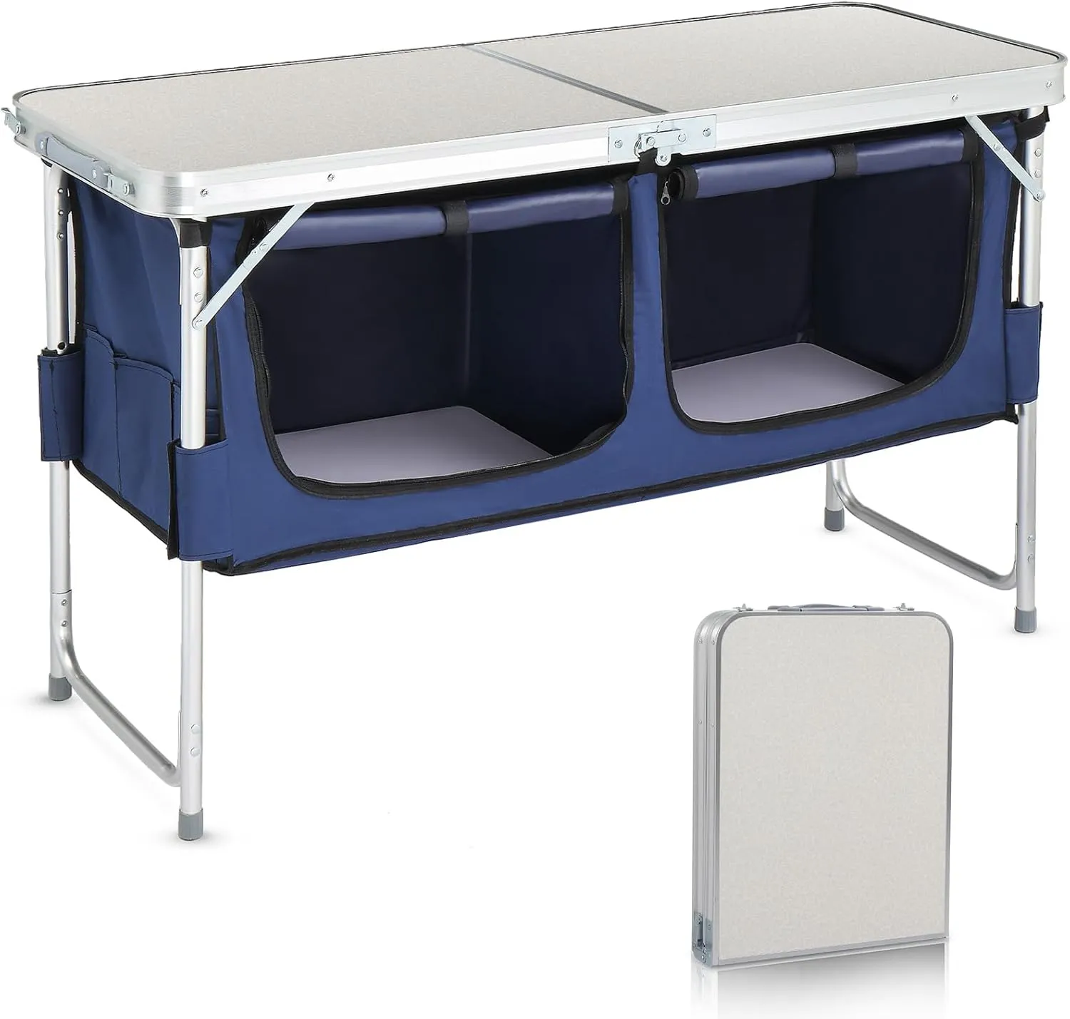 VINGLI 4 Ft Folding Camping Table with Storage, Aluminum Picnic Table, Adjustable Height for Outdoor Beach BBQ Backyards Travel Party White